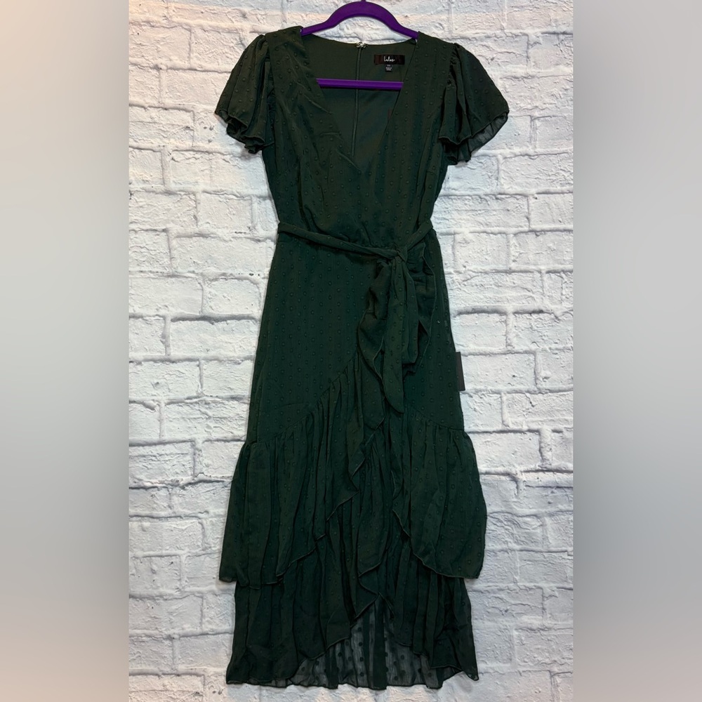 Lulu's Dark Green Midi Dress with Ruffles (0353)